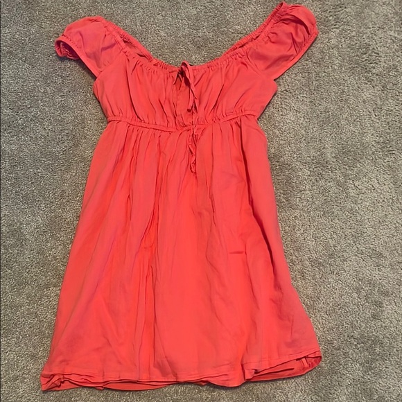 American Eagle Outfitters Orange and Pink Ruched Off-the-Shoulder Mini Sundress - Picture 1 of 3